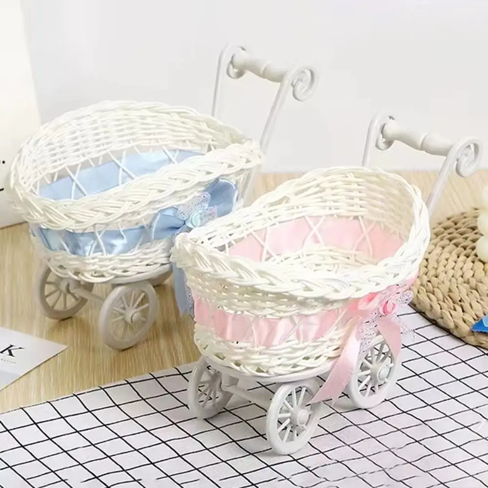 Mini Cute Design Baby Cart Stroller Storage Basket Imitation Rattan Handmade Hand-Woven Small Cart Multipurpose Decorative