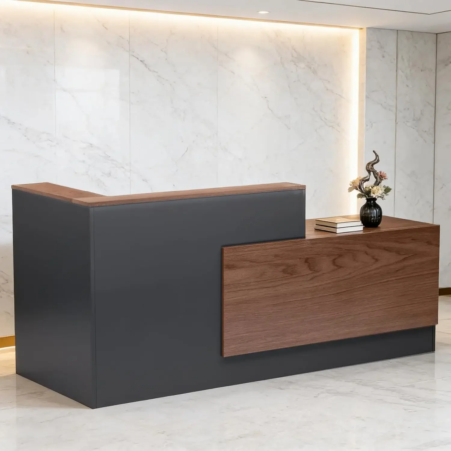 

L-Shaped Modern Large Wooden Commercial Reception Desk with Counter & Shelves, Front Reception Desk Counter Table with Storage,