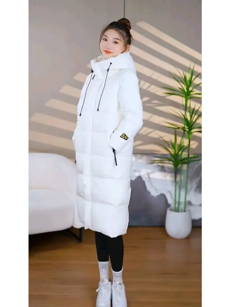 White Duck Down Coat for Women, Hooded Jacket, Medium Length, Korean Version of the Fashion Coats, Winter, New, 2024