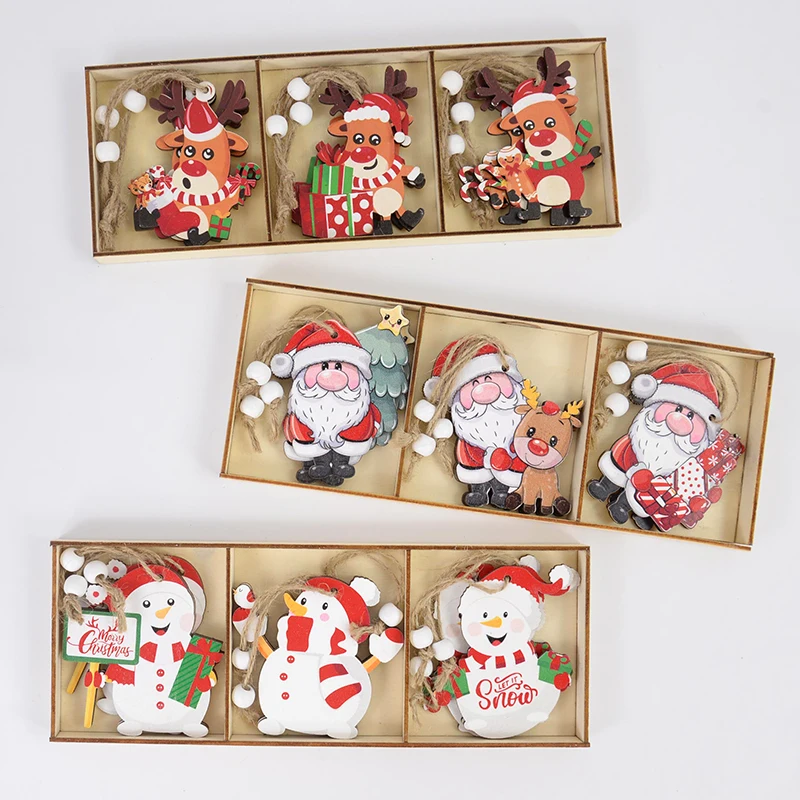 

9pcs Cute Christmas Santa Snowman Elk Wooden Craft Embellishment Christmas Tree Pendants Navidad Natal Noel Hanging Ornaments