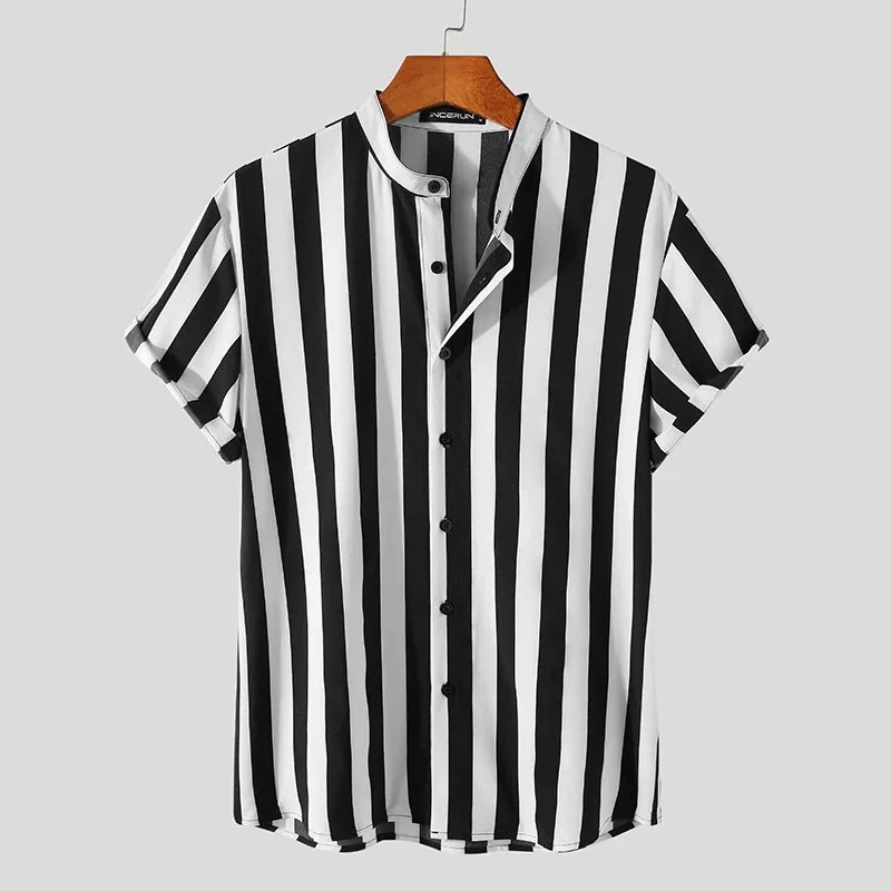 Chemises rayées vintage pour hommes, col montant, 90% coton, manches courtes, noir, blanc, décontracté, mode, été, nouveau