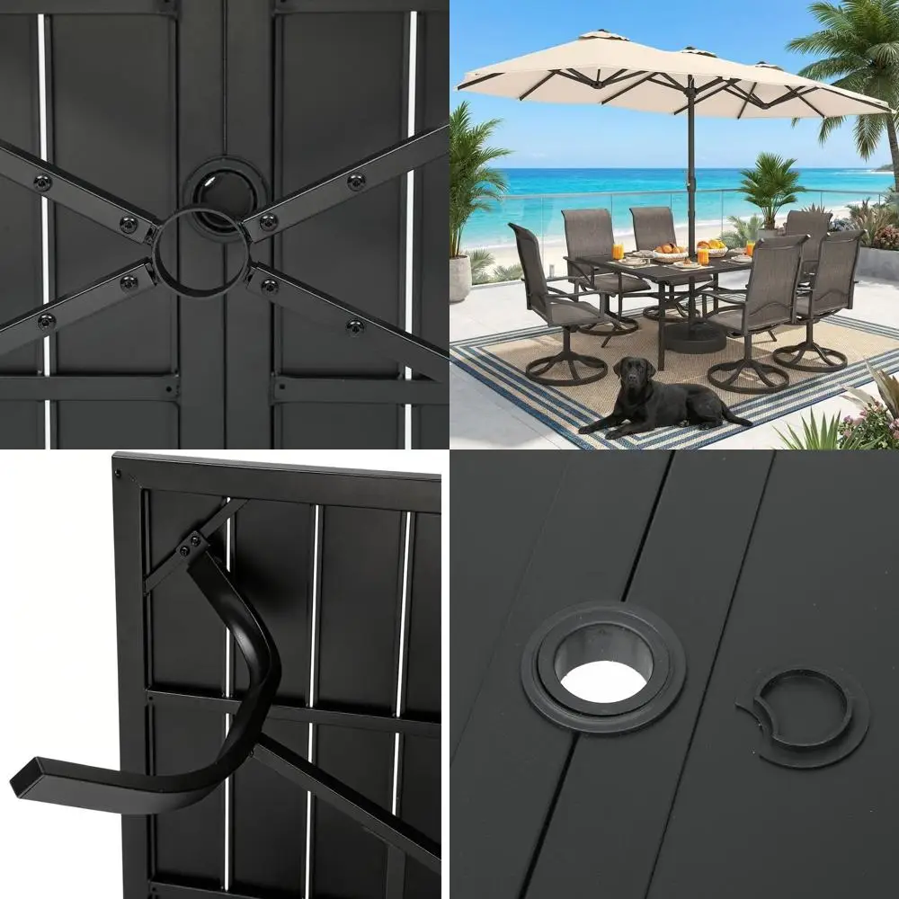 

60-дюймовый черный металлический уличный обеденный стол для 6 человек с отверстием для зонта, прочный, с E-покрытием, для заднего двора или зоны у бассейна