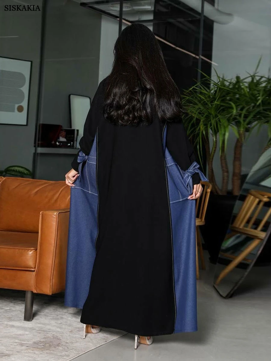 Siskakia Ramadan Denim Patchwork Abaya Fashion Bow Bundled Sleeve Kaftan Elegant Casual Clothing
