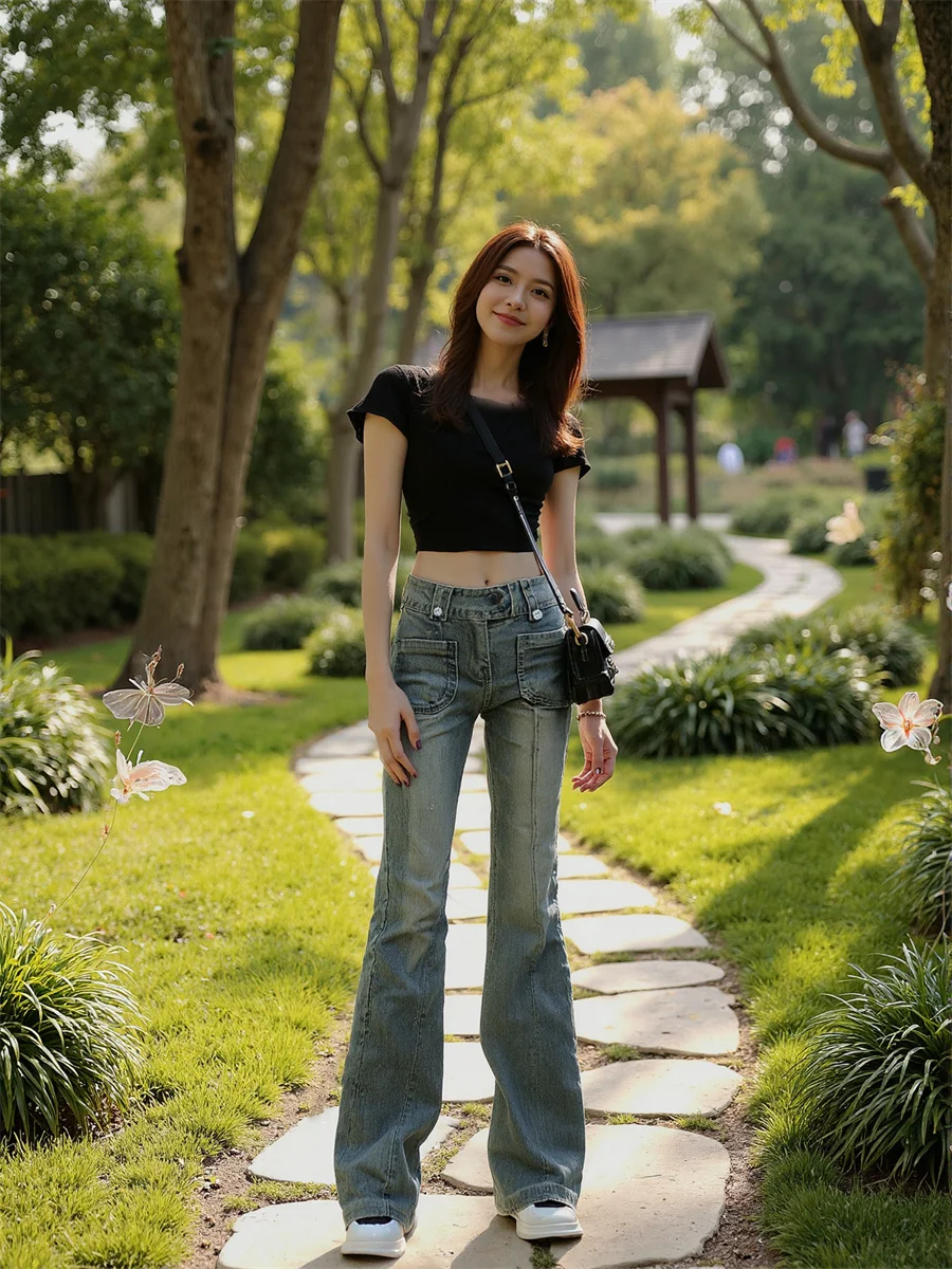 

Flare Slim Skinny Floor Jeans Womens Pleated Patchwork Ripped Stretch High Waist Baggy Flared Vintage Classic Pocket Blue