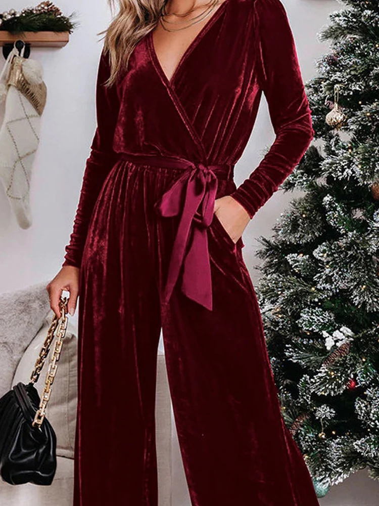 

Элегантный однотонный бархатный комбинезон High Street, сексуальный комбинезон на шнуровке с v-образным вырезом и бантом, женский повседневный рождественский комбинезон с длинными рукавами и широкими штанинами