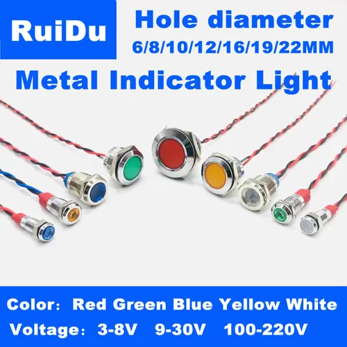 Lámpara indicadora de metal resistente al agua, 6/8/10/12/16/19/22MM, tira de señal de alimentación, línea 5V 6V 12V 24V 110V 220V, rojo/amarillo/azul/verde/blanco