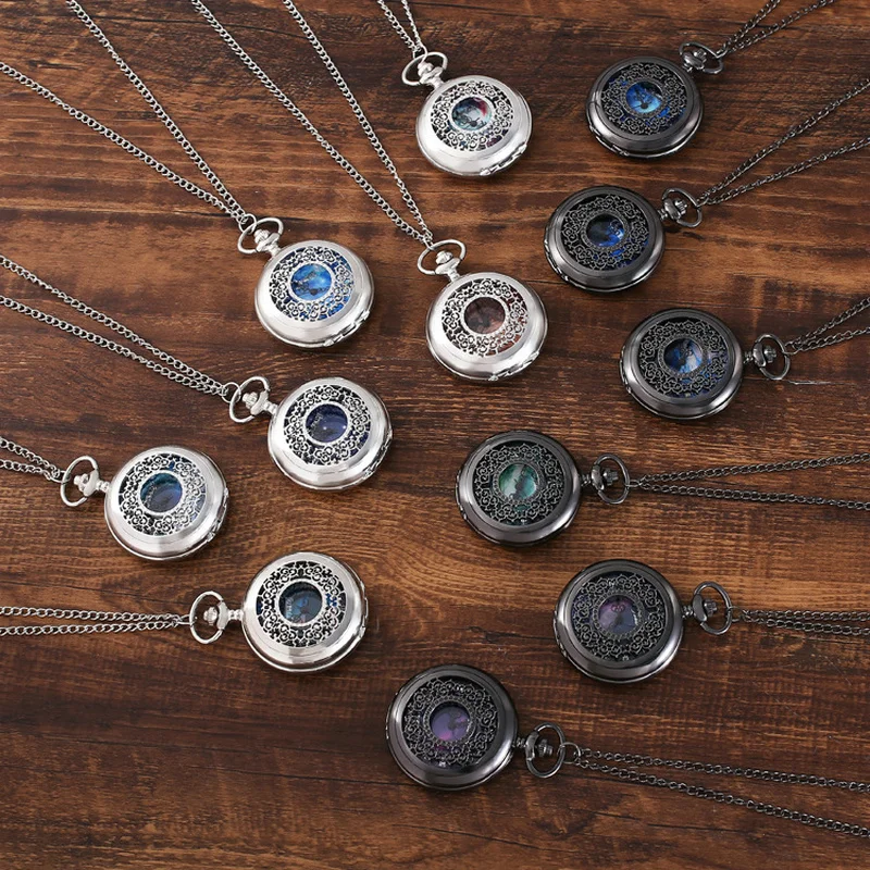 10pcs/lot New Fashion Silver Starry Sky Hollow Retro Pocket Watch Creative Gift Necklace Clock Chain Watches Birthday Gifts