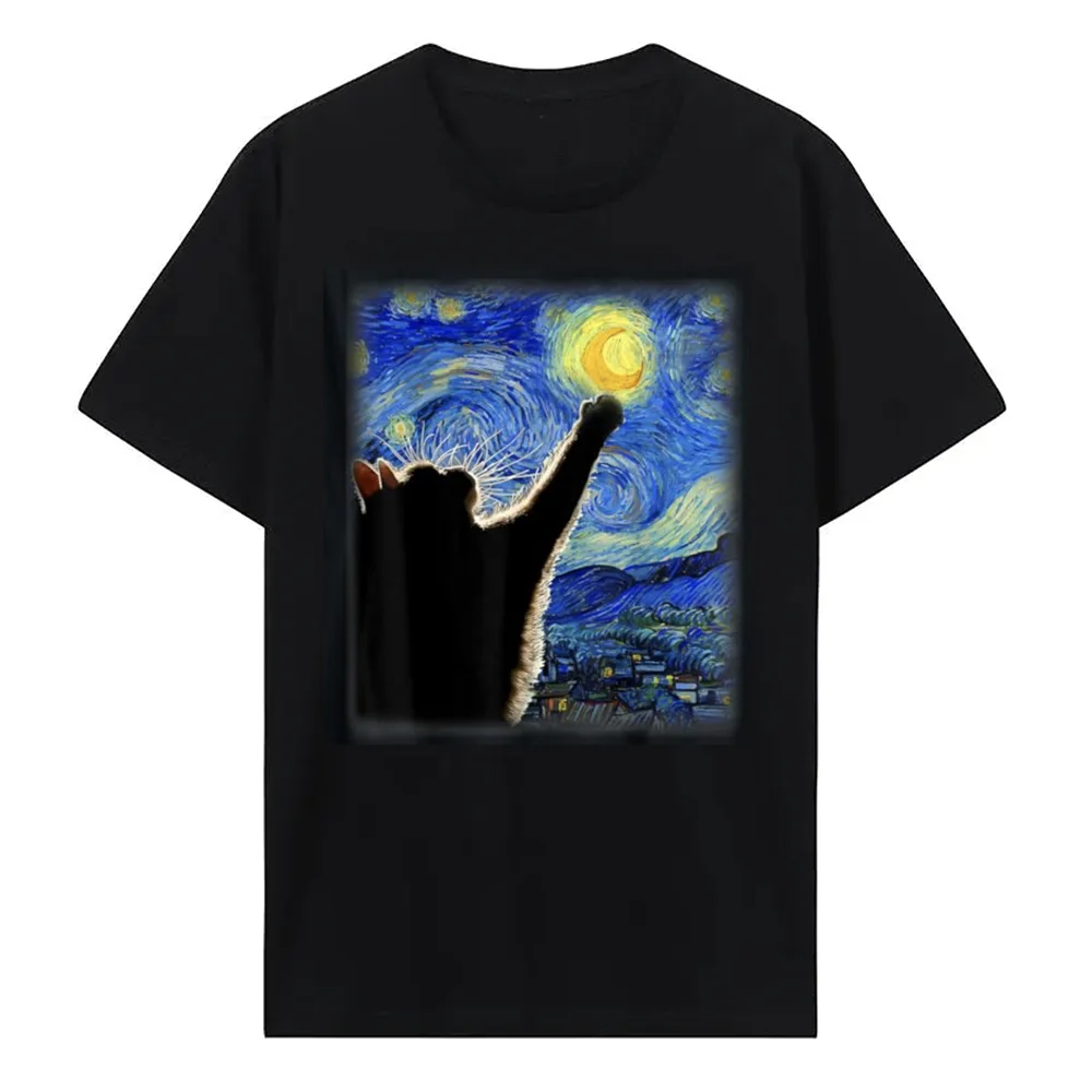 Van Gogh gwiaździstej nocy kot t-shirt Hip Hop 100% bawełniana styl miejski nowe modne koszulki na co dzień klasyczna dopasowana miłośnik kotów