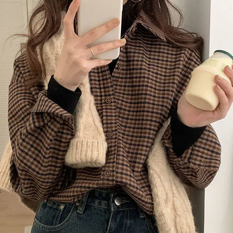 Autumn Woman Shirts Houndstooth Long Sleeve Tops HongKong Retro Style Comfortable Leisure Basic Casual All-match Popularity Chic