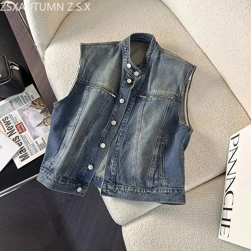 

Vintage Denim Vest Coat Women's Loose Spring Summer Fashion Jean Waistcoat Korea Casual Sleeveless Jacket Solid Single Breasted