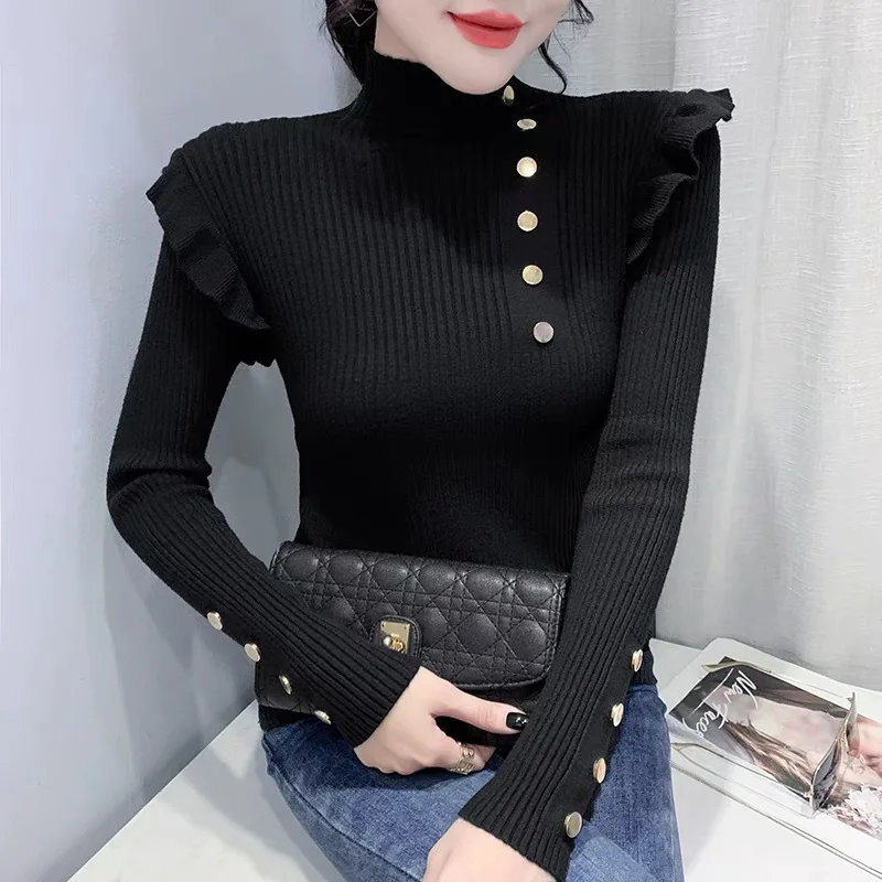 Women Butterfly Sleeve Sweater 2023 Korean Turtleneck Basic Knitted Pullover All-Match Office Lady Korean Basic Knitwear Top