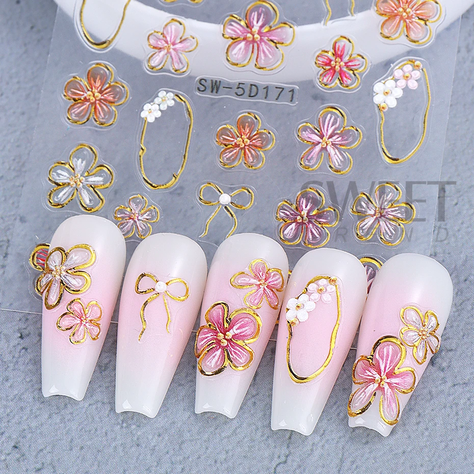 Pegatinas de uñas en relieve de lirio de cristal 5D, marco de línea dorada de pétalo colorido, calcomanía deslizante de lazo, accesorios de decoración de manicura DIY, herramientas