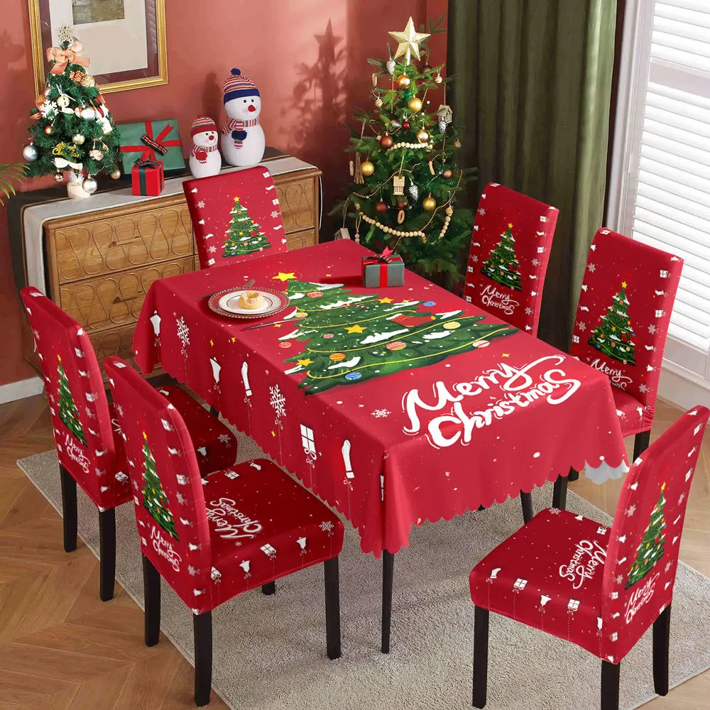Christmas Decoration Set, Waterproof Printed Tablecloth with Matching Chair Covers, Xmas Table Cover Chair Slipcovers for Home R