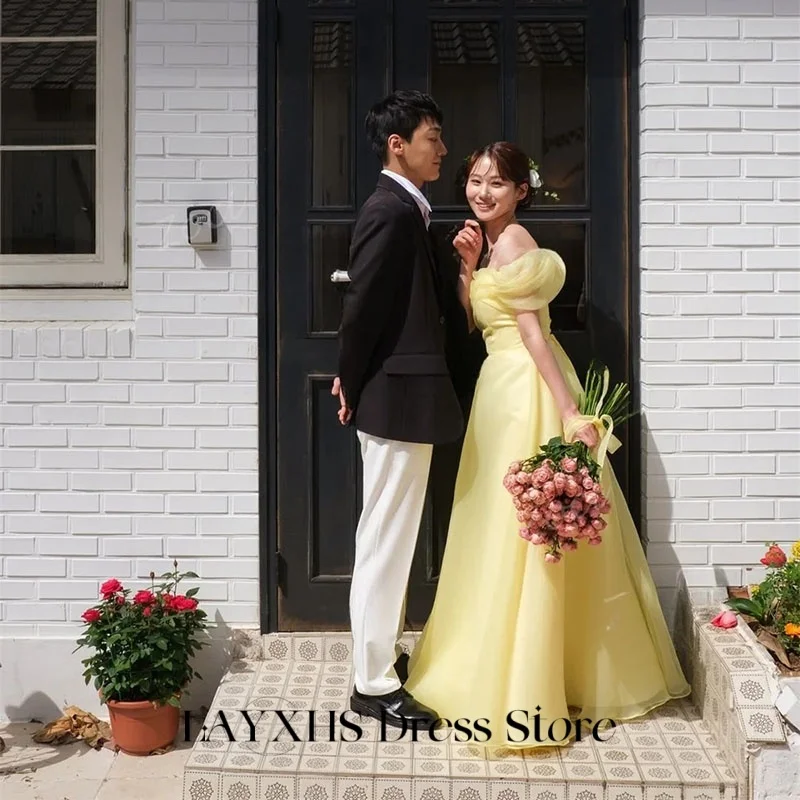 LAYXHS Elegant ชุดแต่งงานเกาหลีสีเหลืองปิดไหล่ Tulle A-Line ชุดเจ้าสาวที่กําหนดเองğün parti elbise