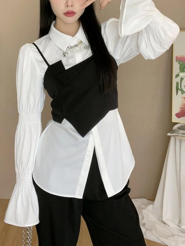 Woherb Y2k Korean 2 Piece Sets Women Asymmetrical Flare Sleeve Solid Shirts All-match Leisure Fashion Elegant Turn Down Collar