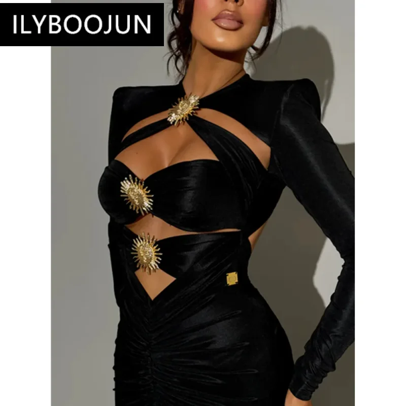 Robe de Soirée Sexy à Manches sulfpour Femme, Tenue avec Découpe, Décoration de Soleil, Noir, Maxi, Batterie, Bandage, Marque, 2024