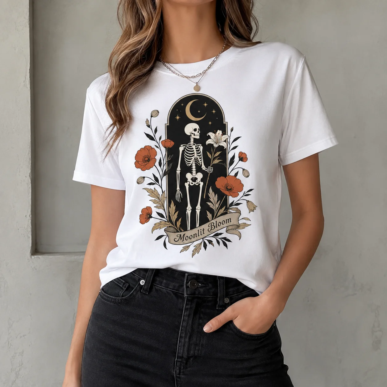 100% Cotton Women T‑Shirt 2026 Autumn Witchy Moonlit Bloom Skeleton Poppy Floral Graphic Vintage Gothic Casual Short Sleeve Tee