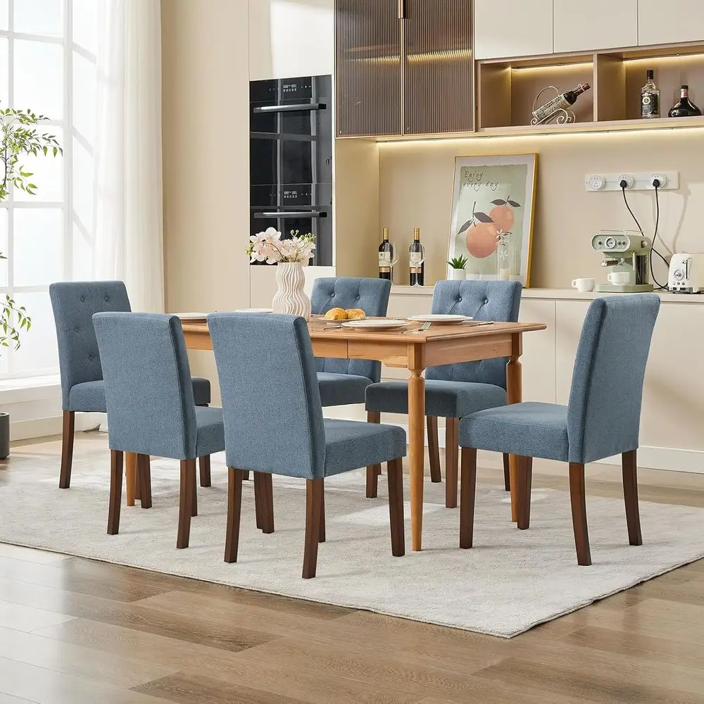 Set of 6 Upholstered Dining Chairs with Linen Seat, Sturdy Wood Legs, Parsons Style, Suitable for Kitchen or Dining Room, Cafe B