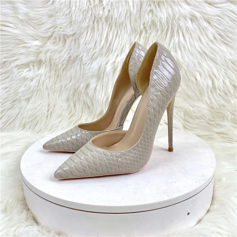 Ke Shang Jia Grey Croc-Effect Side empty Women Pointed Toe High Heel Shoes Elegant Ladies Fashion Stiletto Pumps Plus Size 45