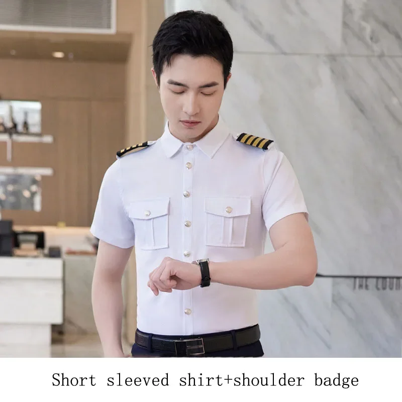 New Arrivals Mens Long Sleeve White Airline Pilot Uniforms Hair Stylist Fashion Slim Fit Black Workwear Big Size Men Clothing