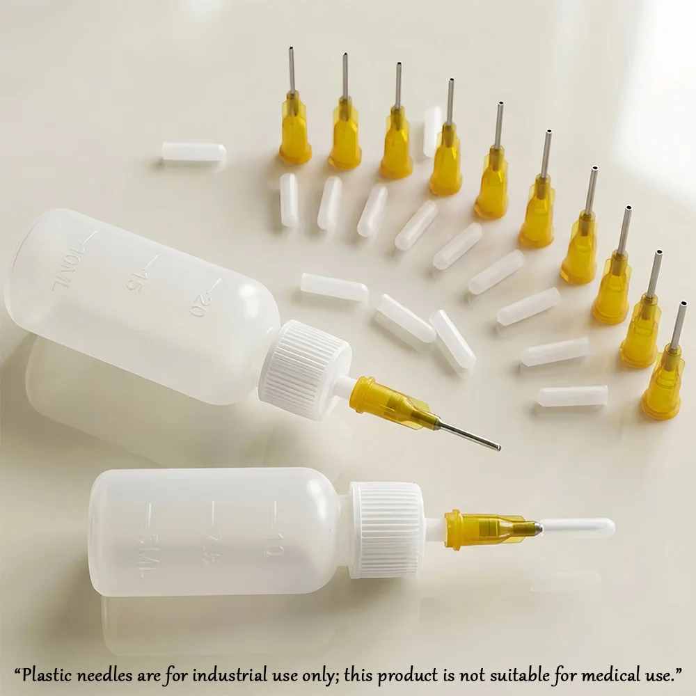 10Ml/20Ml Laboratory Manual Dispensing Bottles, Transparent Graduated Plastic Squeeze Bottles with Precision Needles, Industrial-Grade Dropper Bottles, Suitable for Dispensing Laboratory Reagents / Manual Glue Application / Repair Oiling / Rosin Flux, Leak-Proof (1 Dispensing Bottle + 10 Blunt Tips + 10 Silicone Stoppers)