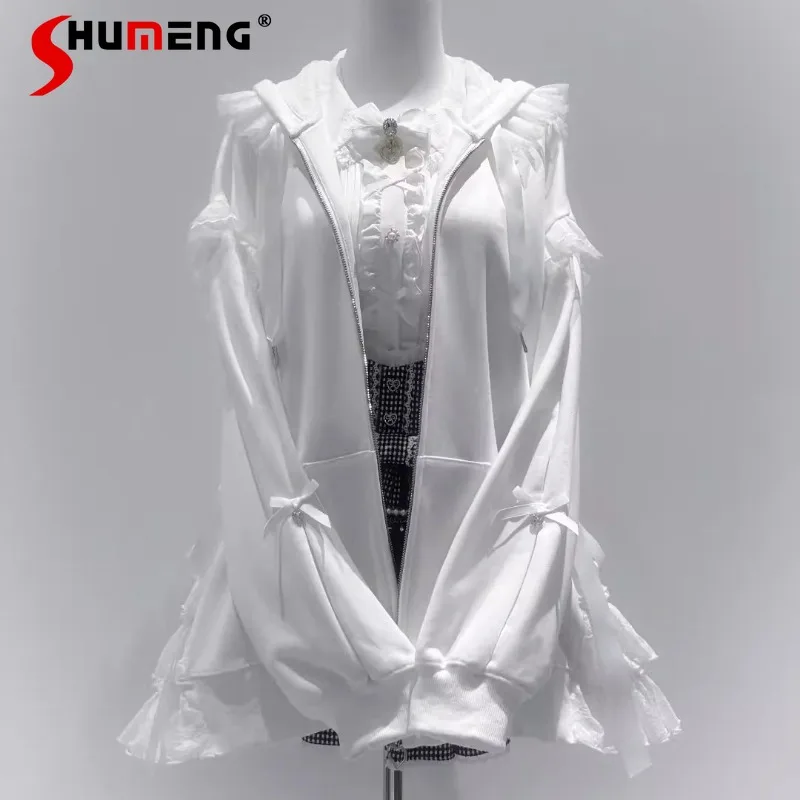 

2026 Spring And Autumn Trendy Lolita Style Hoodies White Lace Bow Short Coat Women's Sweet Ruffled Waist-Slimming Sweatshirt