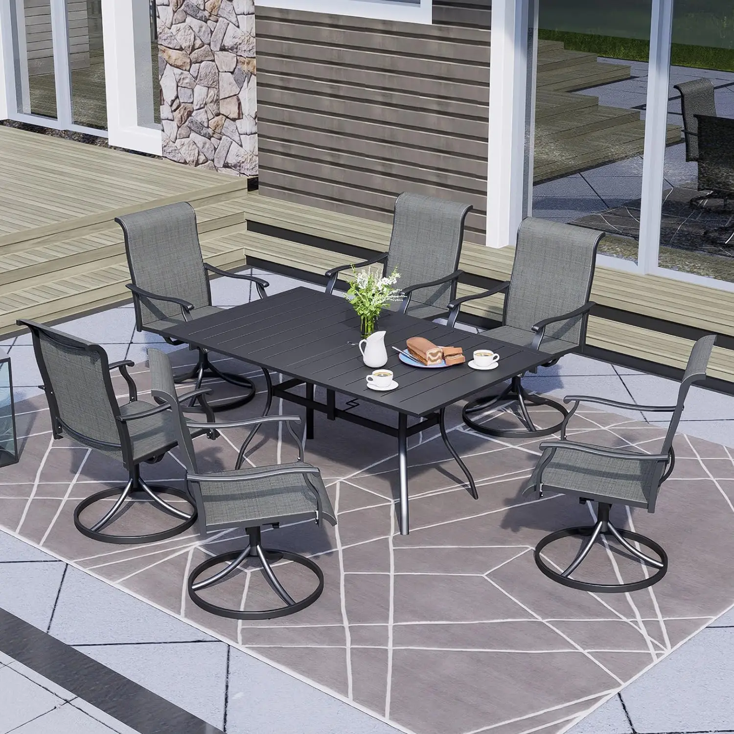 

7-Piece Outdoor Patio Dining Set, 6 Swivel Rocking Patio Chairs,Rectangular Dining Table,Outdoor Furniture Set - Light Tan/Grey