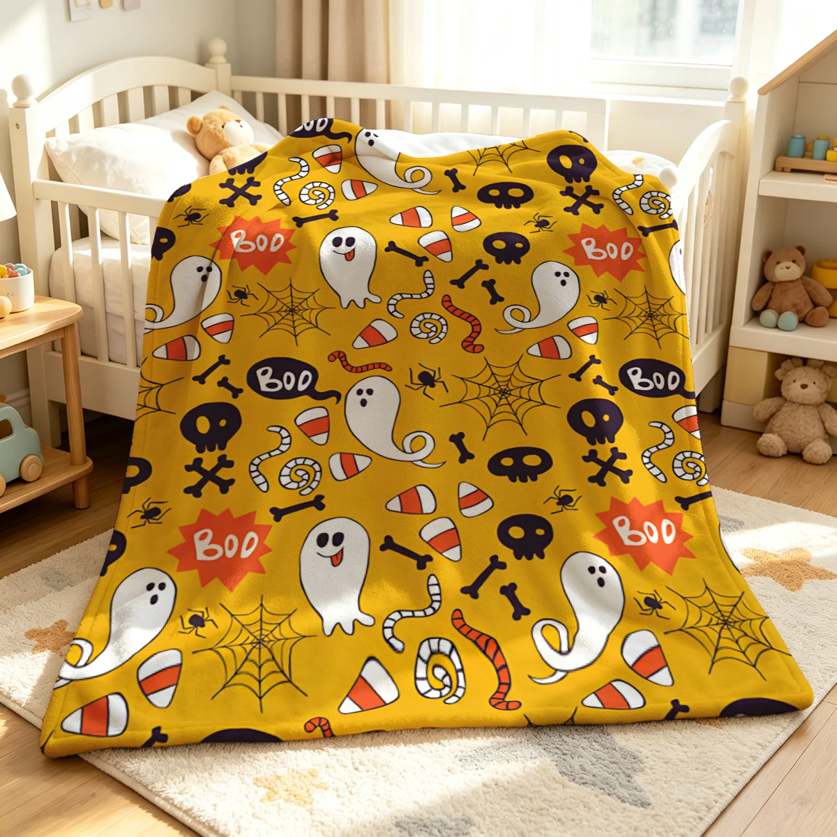 Yellow Candy Corn Ghosts Flannel Blanket Warm Soft Halloween Christmas Decorative Couch Warm Cozy All-Season Gift