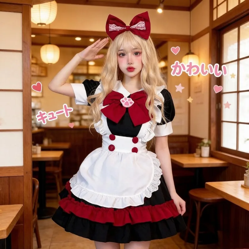 

Gothic Dark Red Maid Dress, Preppy Academy Lolita Outfit, Retro Cosplay Costume For Halloween Party Role Play Daily Shooting