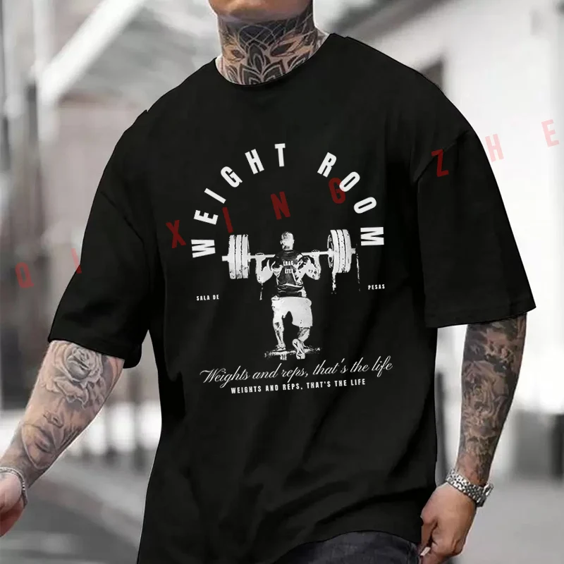 

lifting a weight with several discs decorated Motorcycle T-Shirt Men Hip Hop Streetwear Unisex Casual Fashion Short Sleeve Tops