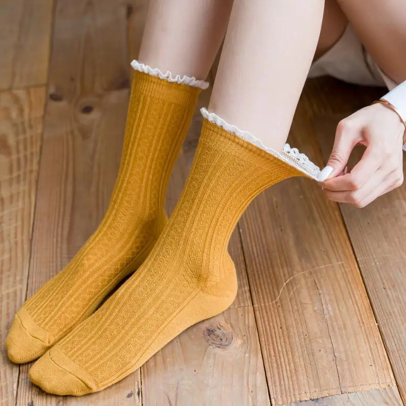 Solid Color Women Socks JK Lolita Lacework Frilly Ruffle Socks Japanese Fashion Harajuku Vintage School Girls Cotton Long Socks