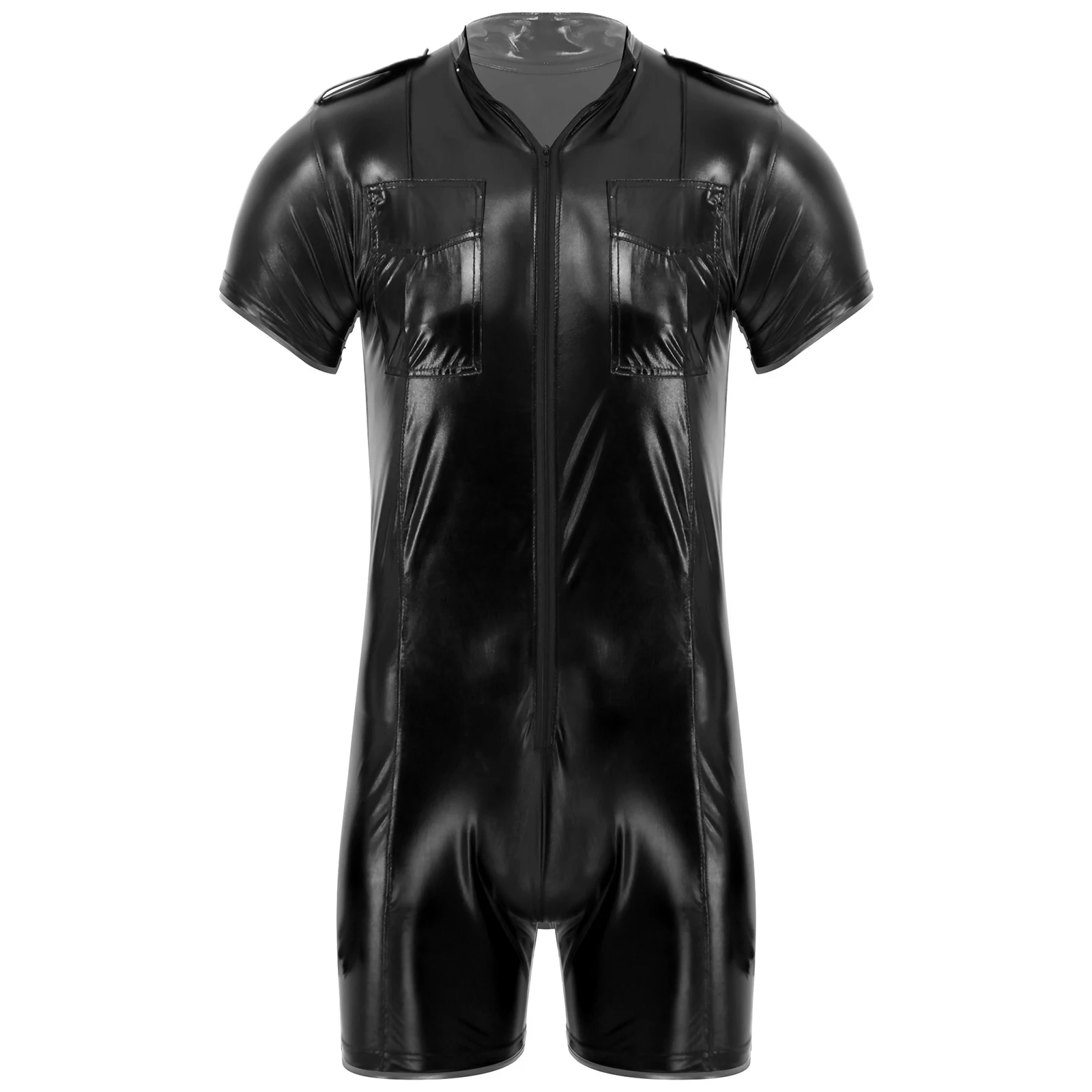 Mens Wet Look Patent Leather Nightclub Wear Short Sleeve Front Zipper Boxer Briefs Leotard Bodysuit Lingerie Male Night Jumpsuit