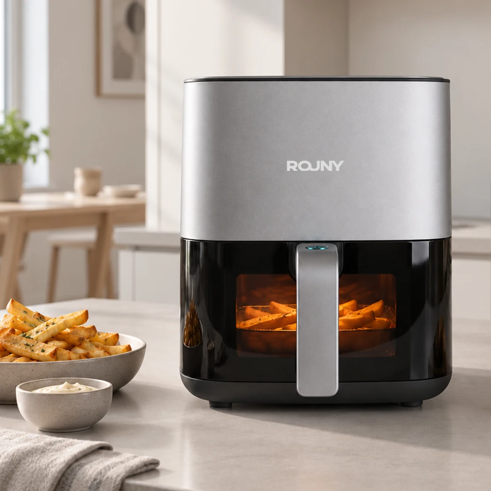 Friggitrice ad Aria ROUNY 5L con Finestra Trasparente, Forno ad Aria Calda Senza Olio con Vano Vapore, Controllo Touch e 8 Programmi di Cottura Preimp