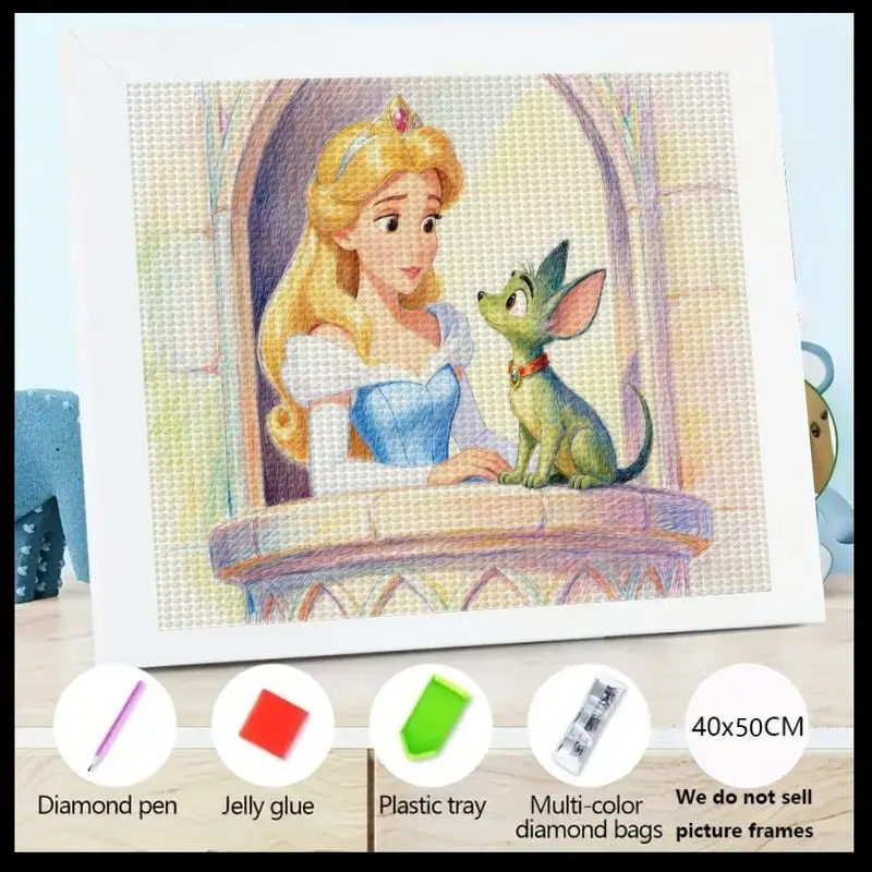 

1PC 5D DIY Full Drill Round Diamond Painting Kit, Cartoon Princess & Cute Animal Balcony Scene Design, Crystal Gem Mosaic Art Cr