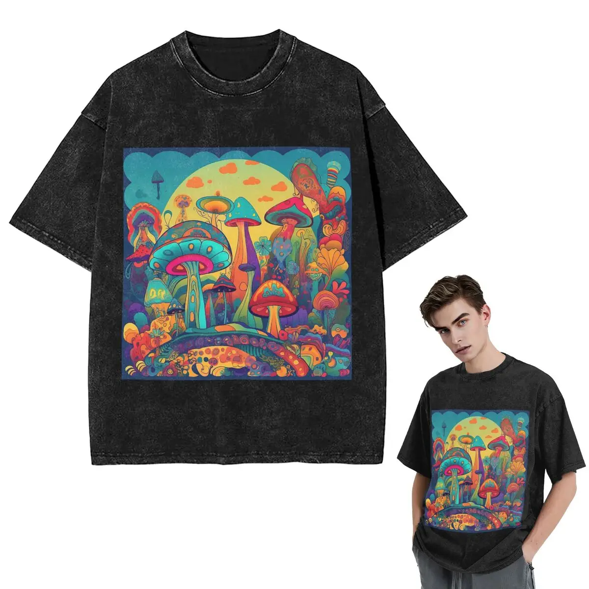 Streetwear T-Shirts Other Trippy Mushroom Washed T Shirt Short Sleeve Hip Hop T-Shirt Tops Tees for Men Women