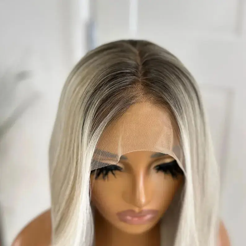 Icy Ash Platinum Blonde Glueless Wigs Synthetic Hair Ombre Pre Plucked Natural Hairline Body Wave Premium Fibre Full Wigs