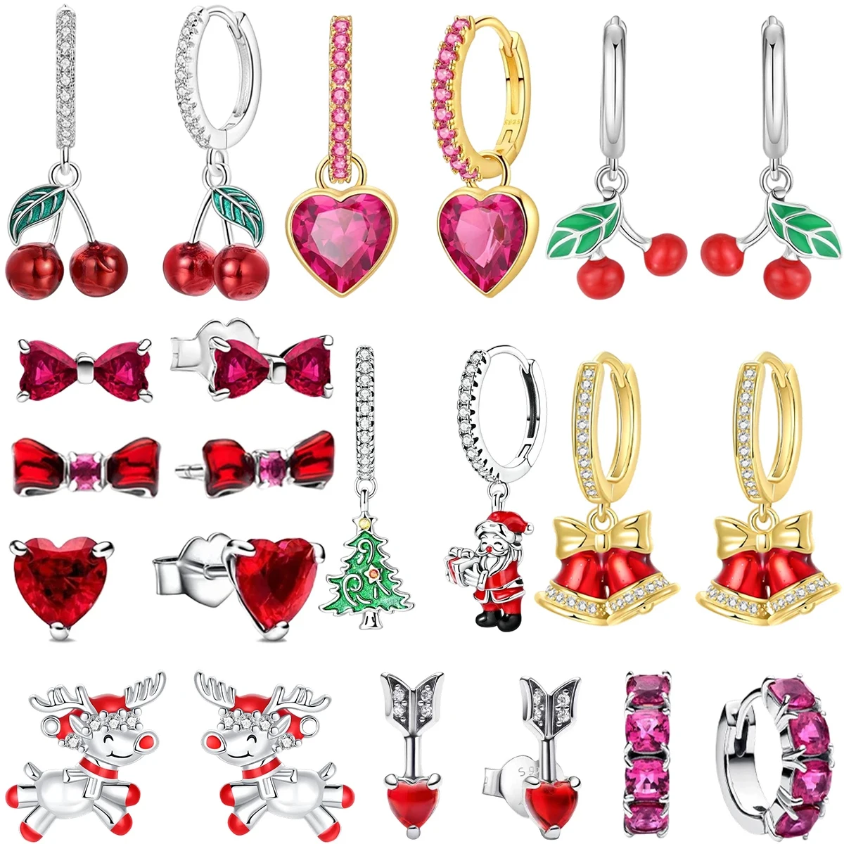 أقراط الكرز 925 فضة الأحمر القوس القلب الأذن هوب الفراولة جوهرة قرط الاذن المرصع عيد الميلاد للنساء غرامة مجوهرات هدية