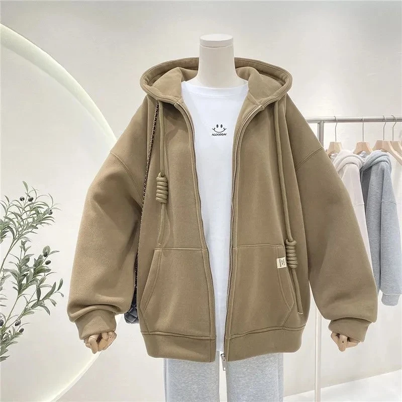 

Velvet Cardigan Hoodie Hooded Jacket Women's Autumn And Winter Korean Version Lazy style Loose Zipper Casual thick warm Top
