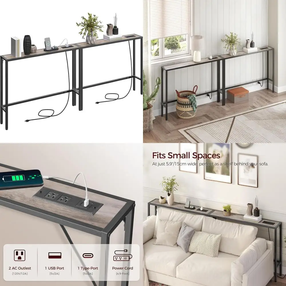 

Комплект из 2-х узких консольных диванных столиков с зарядной станцией, 39,4 длина x 5,9 ширина x 31,5 высота, идеально подходят для прихожих и гостиных, цвет серо-бежевый.