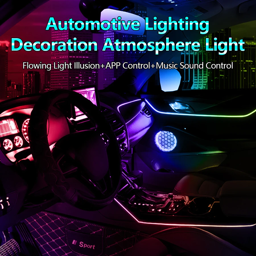 

14 в 1 18 в 1 светодиодное автомобильное окружающее освещение, управление приложением, оптическая полоса, акриловое волокно, RGB, 64 цвета, Bluetooth, атмосферная декоративная лампа