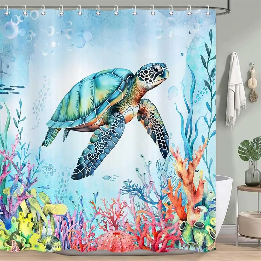 

Sea Turtle Shower Curtain Teal Blue Ocean Nautical Fish Beach Seabed Scenery Bath Curtains Polyester Bathroom Decor with Hooks