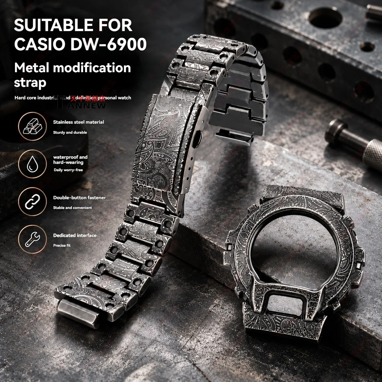 Vintage Paisley Stainless Steel Case Band Mod Kit for Casio G-Shock DW-6600 DW-6900 DW-6903 Engraved Upgrade Set