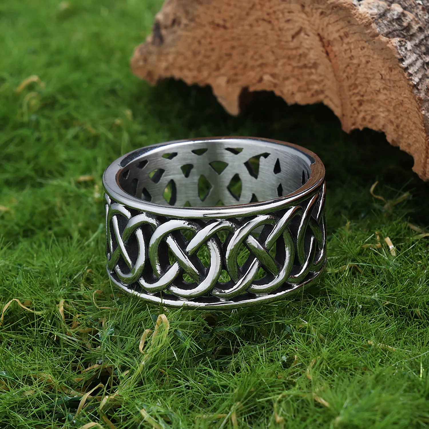 LNCHRAN Herrenring aus 316L-Edelstahl, silberfarben, mit Distel- und keltischem Knoten, durchbrochenes Band, Vintage-Schmuck, Geschenk für Männer – Detail 2
