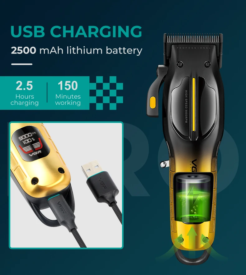 VGR Haarschneidemaschine für Männer, mehrfarbiger Haarschnitt, wiederaufladbar über USB, hochwertiger Trimmer, professionelle Friseurmaschinen V-026