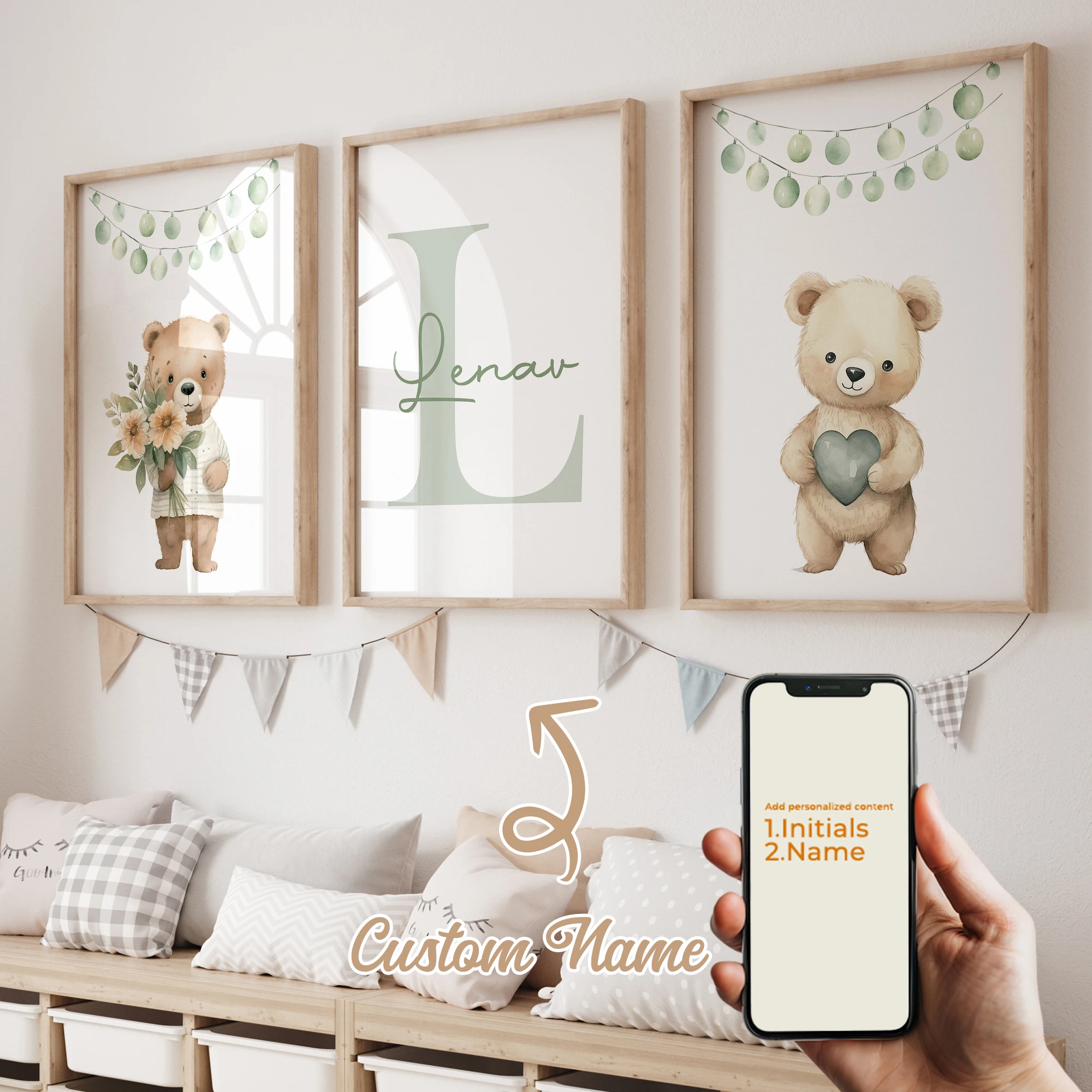 

3pcs Green Bear Party Name Customized Gift Wall Art Prints Canvas Painting Poster Picture For Living Bed Room Home Decor