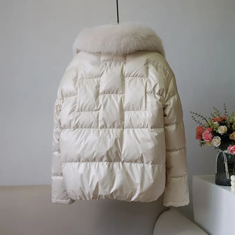 Cuello de pelo de zorro para mujer, empalme de pelo de visón, chaqueta de plumón de pato blanco con botones, estilo chino Vintage, invierno, nuevo