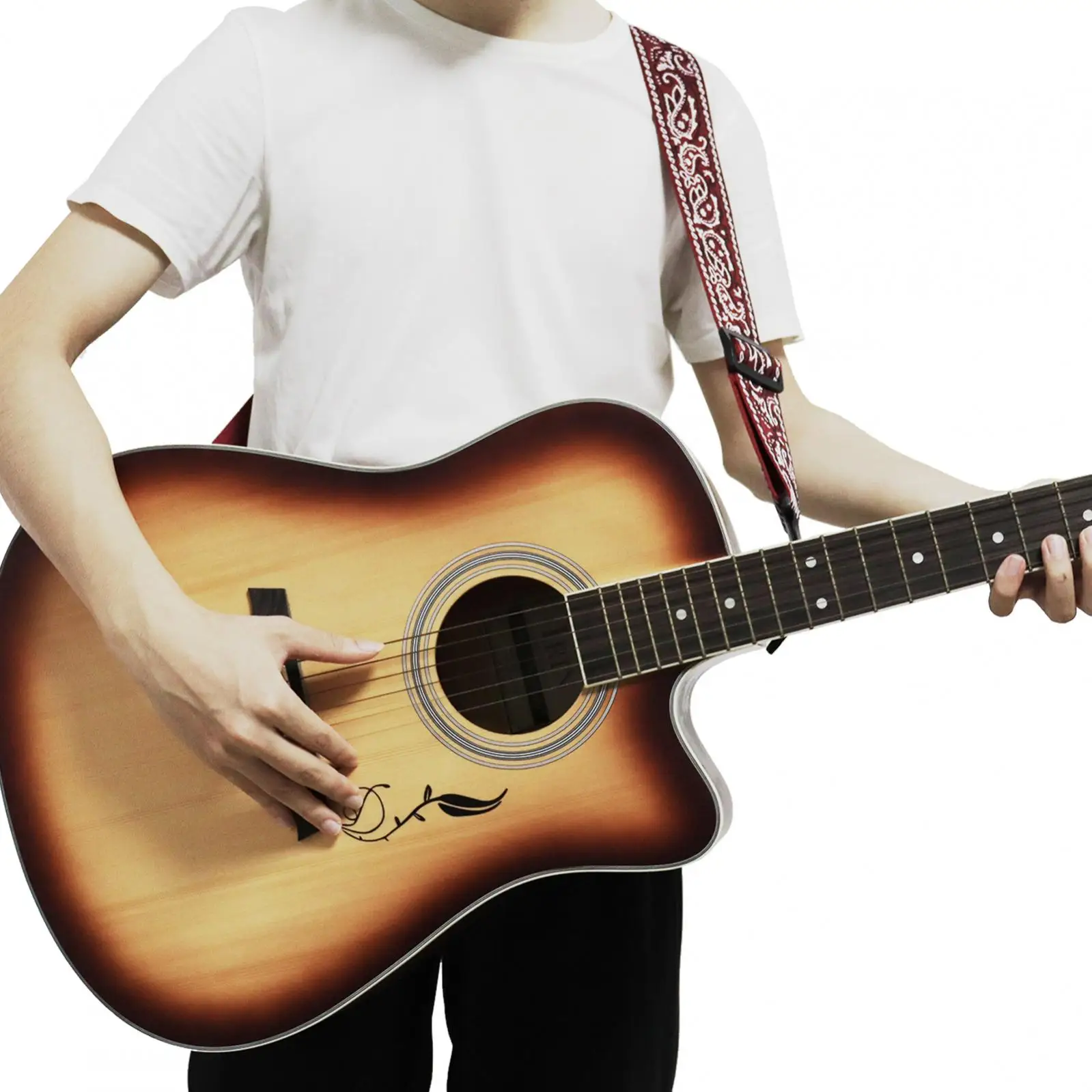 Gitarrengurt im bestickten Stil aus PU-Leder mit Plektrum-Schlitz, verstellbarer Gitarrengurt für akustische E-Gitarre und Bass – Detail 11