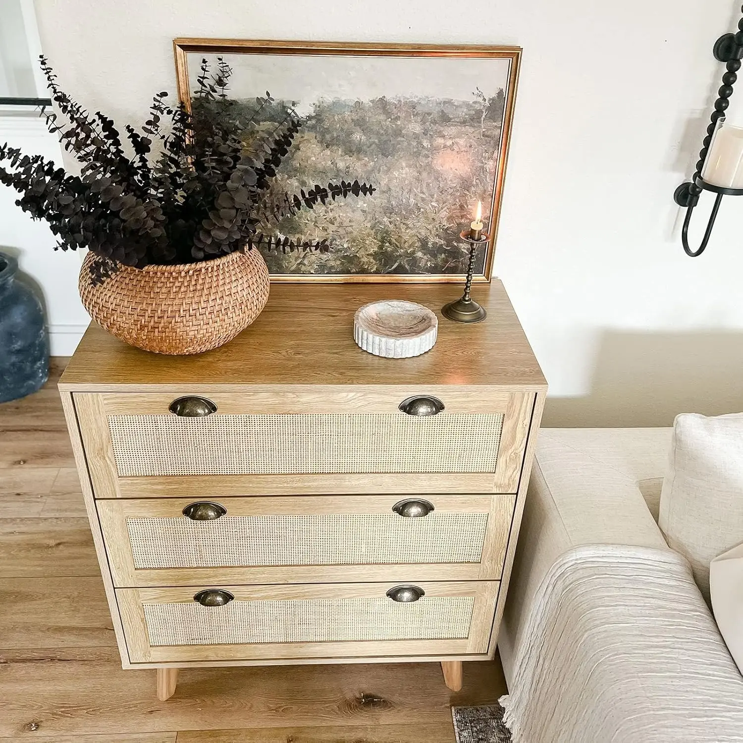 Rattan Nightstand Set of 2 - Rattan Dresser Small Cabinet for Living Room Cabinet with Drawer/3 Drawer Dresser, Rattan Cabinet