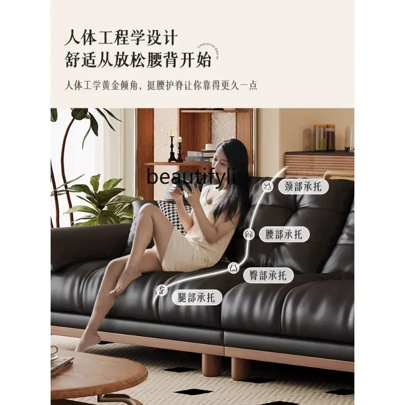 

FARetro leather sofa straight row living room small apartment French black first layer cowhide American