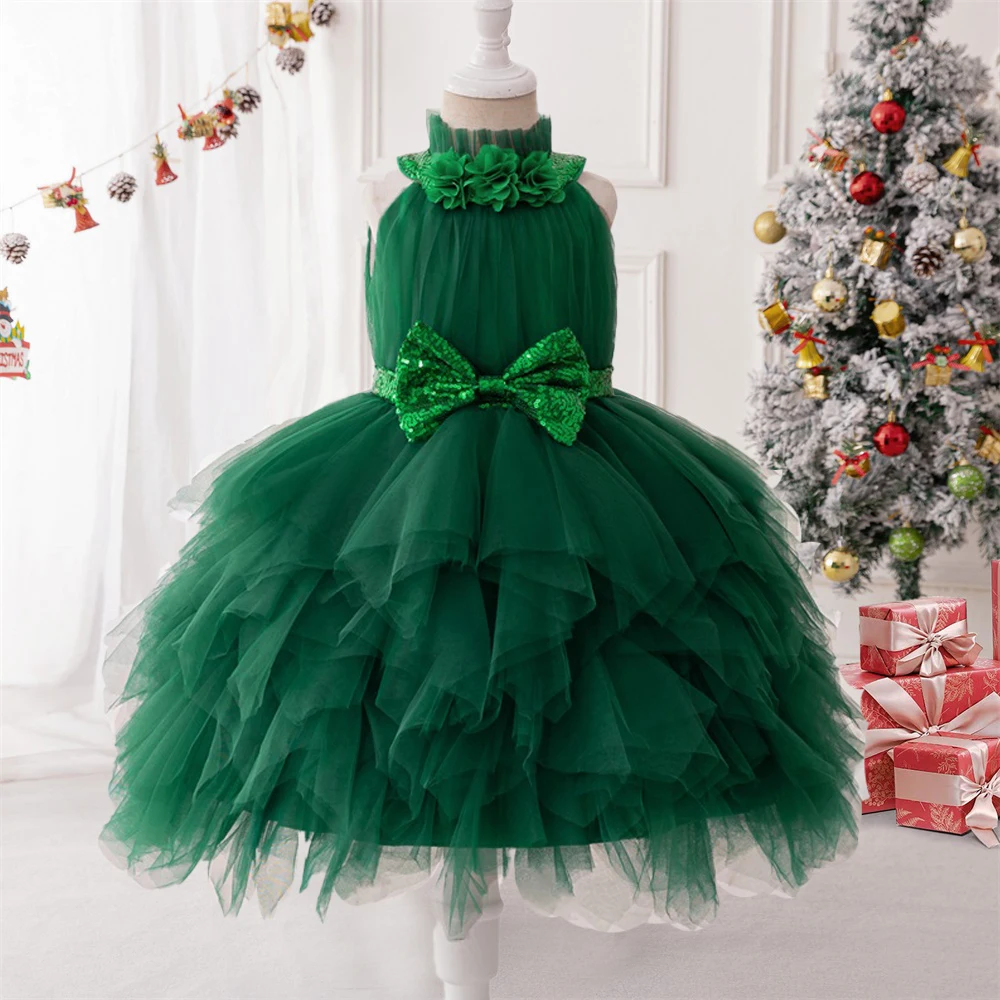 New Vintage Green Lace Christening Dress Girls Party Dresses Kids Luxury Christmas Carnival Gown Girl Festival Pageant Clothing